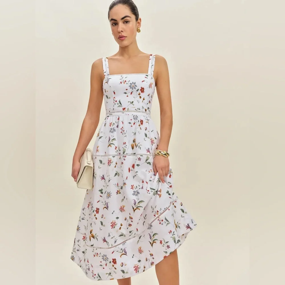NEW Reformation Everett Linen Midi Dress Corsini White Multi Floral | US 4 UK 8 - Picture 3 of 16
